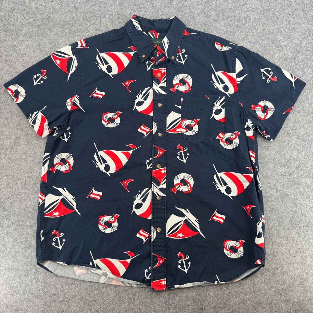 J.Crew Always Shirt Mens L Short Sleeve Button Down Navy Nautical Sailboat EUC